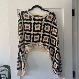 Geometric Fringed Sweater - Black, Brown, Cream